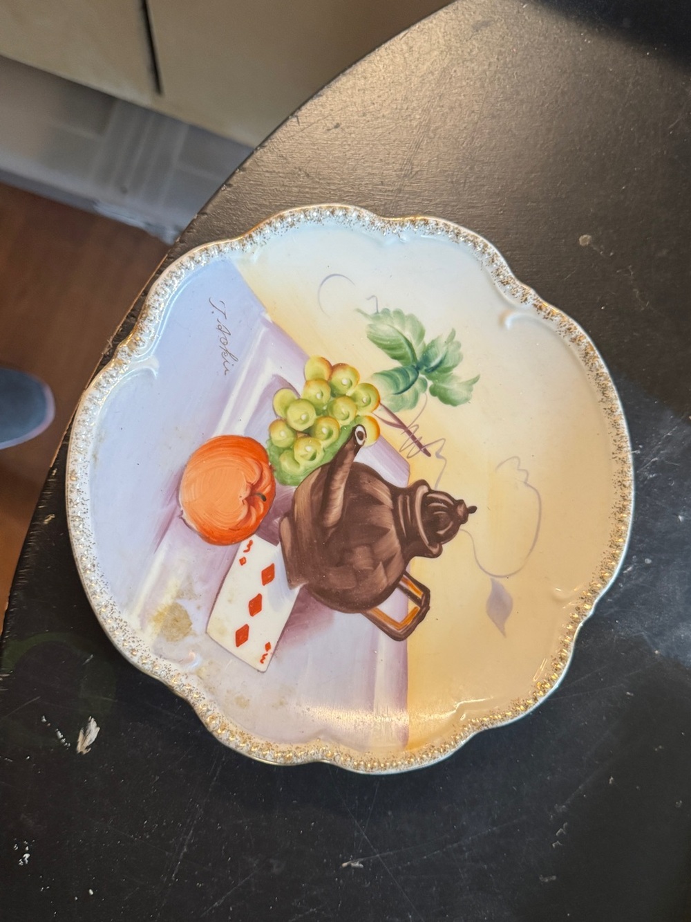 VintageHand Crafted Brown Teapot & Fruit Decorative Plate - Green, Orange, Brown